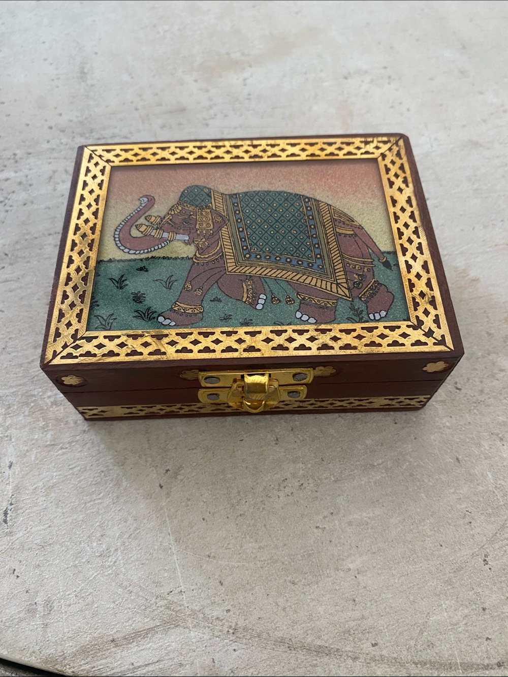 Vintage Wooden Velvet Jewelry Box Indian Elephant NWOT